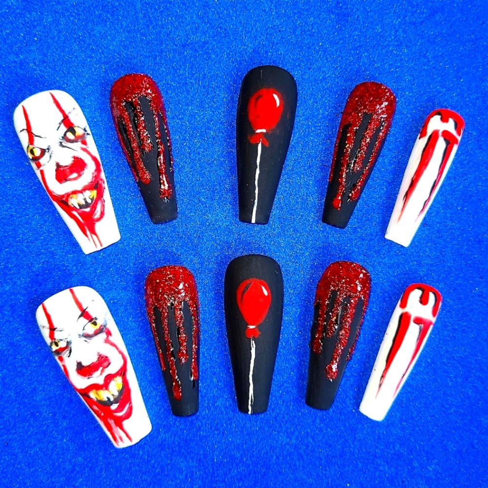 IT Pennywise - hand painted nails - gel  cured - glue or press on nails